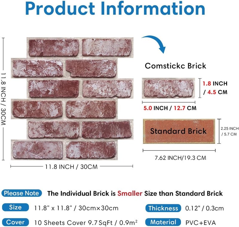 COMSTICKC 3D Faux Brick Peel and Stick Wall Panels,10 Pcs of 12"X12",Small Size, Thin PVC 3D Fake Brick Self Adhesive Wall Covering Faux Brick Backsplash Interior Decor, Whitewash Red - Image 5